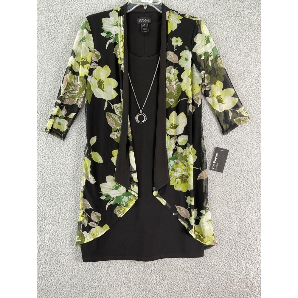 Enfocus Studio Dress Set Women 4 Black Green Floral Sheer Jacket Necklace NWT
